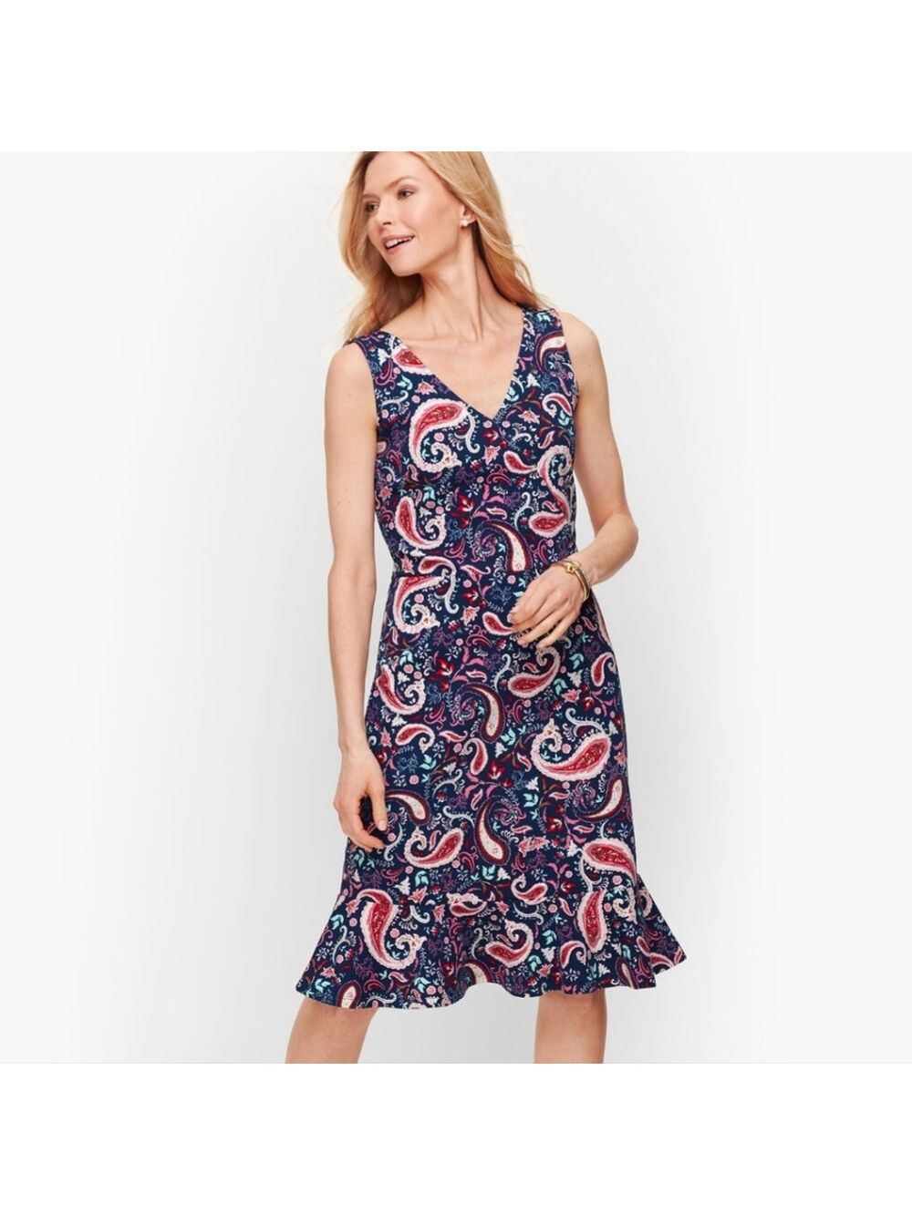NWT Talbots Flounce Hem Fit and Flare Watercolor Paisley Print Dress, Size PXL